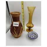 WOVEN WICKER VASE, AMBER GLASS VASE, ASSISI
