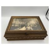 WOODEN JEWELRY BOX W/ FRAMED PRINT LID, MIRRORED
