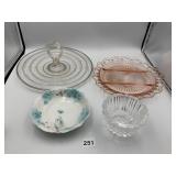 GLASS CAKE STAND, PINK DIVIDED DISH, PORCELAIN