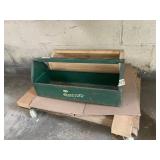 HANDI-TOTE METAL TOOLBOX, WOODEN TOOLBOX.