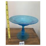 BLUE GLASS FOOTED COMPOTE, TWISTED STEM, ETCHED