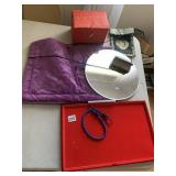 ASSORTED DECORATIVE ITEMS, RED PATTERNED BOX,