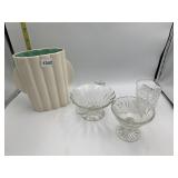 CREAM FLUTED CERAMIC VASE, CLEAR GLASS FOOTED