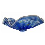 DREW HINE 2011 ART GLASS BOWL, HAND-BLOWN, BLUE W/