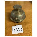 BRASS HAND BELL, ORNATE ETCHED DESIGN, ENAMEL