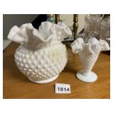 MILK GLASS HOBNAIL VASES, RUFFLED RIM, FOOTED