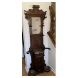 ORNATE WOODEN HALL TREE W/ MIRROR, MARBLE TOP,