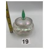 IRIDESCENT GLASS JAR W/ GREEN FINIAL, PUMPKIN