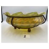 IRIDESCENT ART GLASS BOWL W/ METAL STAND, RUFFLED