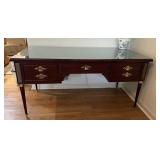 MAHOGANY EXECUTIVE DESK W/ GLASS TOP, PULL-OUT