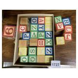 WOODEN ALPHABET AND NUMBER BLOCKS IN BOX.