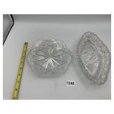 CLEAR CUT GLASS BOWL, ETCHED GLASS OVAL DISH.