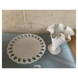 MILK GLASS PIERCED PLATE W/ PITTSBURGH SCENE,