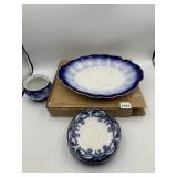 BLUE AND WHITE TRANSFERWARE BOWL, CREAMER, AND