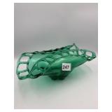 GREEN ART GLASS BASKET, RETICULATED RIM,