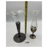 PR GLASS VASES W/ ORNATE METAL BASES, RUFFLED