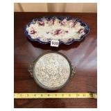 HAND-PAINTED PORCELAIN DISH W/ ROSES, GILT