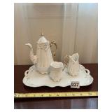 PORCELAIN COFFEE/TEA SET W/ TRAY, WHITE W/ GILT