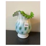 OPALESCENT ART GLASS VASE, WHITE W/ GREEN SPOTS,