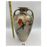 HAND PAINTED CERAMIC VASE, BIRD & FLORAL MOTIF,
