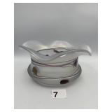 IRIDESCENT ART GLASS BOWL, RUFFLED EDGE, APPLIED