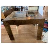 BURL WOOD VENEER SIDE TABLE, SQUARE, GLASS INSERT