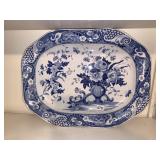 BLUE & WHITE TRANSFERWARE PLATTER, FLORAL & BIRD