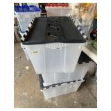 CLEAR PLASTIC STORAGE TOTES, BLACK LIDS.