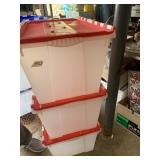 CLEAR PLASTIC STORAGE TOTES W/ RED LIDS (3).