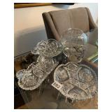 ASSORTED CUT GLASS SERVING DISHES, PITCHER, VASE.