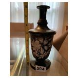 BLACK GLASS VASE W/ HAND-PAINTED WHITE FLORAL