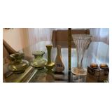 ASSORTED DECORATIVE VASES, GLASS & CERAMIC,