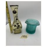 FROSTED YELLOW GLASS VASE W/ BLACK FLORAL DESIGN,