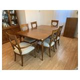 WOOD DINING TABLE W/ LEAVES, MATCHING UPHOLSTERED