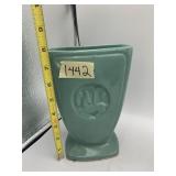 TURQUOISE CERAMIC VASE, EMBOSSED BIRD MOTIF.
