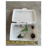 ASSORTED GLASS STOPPERS, METAL SPIGOT, DECORATIVE