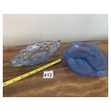 BLUE PRESSED GLASS DISHES, OVAL HANDLED, SHELL