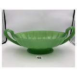 GREEN MILK GLASS HANDLED BOWL, FOOTED, RIBBED