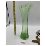 URANIUM GLASS FLUTED VASE, RUFFLED RIM.