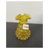 YELLOW HOBNAIL ART GLASS VASE, RUFFLED RIM.