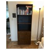 WOODEN BOOKSHELF, TWO OPEN SHELVES, TWO CABINET