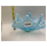 OPALESCENT BLUE GLASS BOWL, RUFFLED EDGE, SHELL