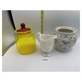 YELLOW GLASS JAR W/ RED LID, MILK GLASS CREAMER,