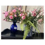 COBALT BLUE GLASS VASE W/ ARTIFICIAL FLOWERS,