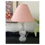 CUT GLASS TABLE LAMP W/ PINK SHADE, PRESSED GLASS