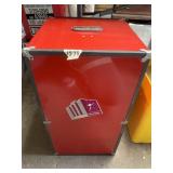 CONRAD HILTON RED METAL TRUNK, PLAID INTERIOR,