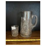PRESSED GLASS PITCHER W/ MATCHING SMALL GLASS,