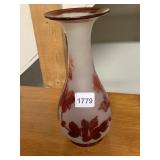 FROSTED ART GLASS VASE, RED AMBER FLORAL