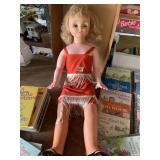 LARGE BLONDE DOLL, RED FRINGED DRESS, PLASTIC