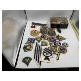 ASSORTED MILITARY PATCHES, INSIGNIA, DOG TAGS,